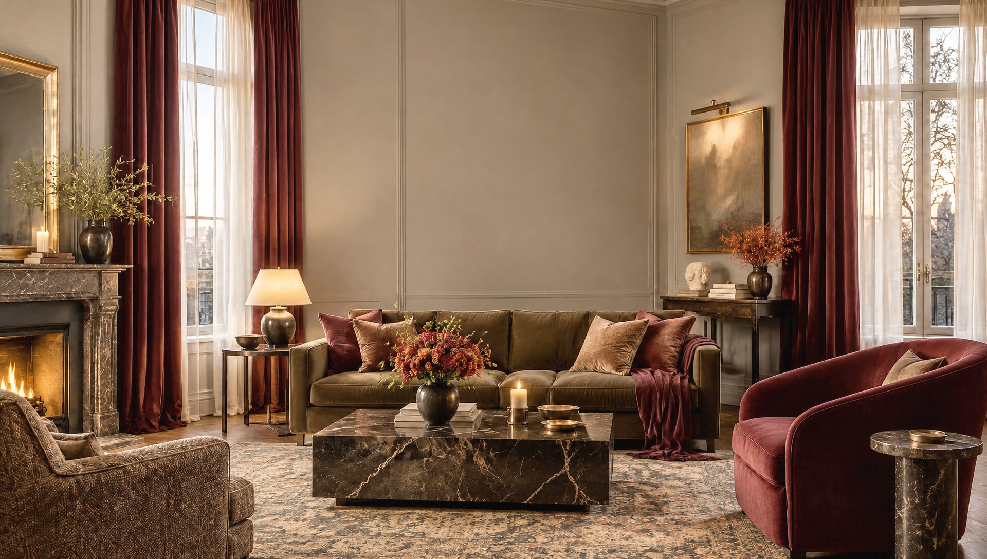 Living room with deep burgundy velvet curtains framing sheer drapes, a lit marble fireplace and warm evening light
